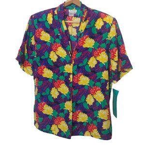 NOS Vintage Sellecca Womens 14 Blouse Short Sleeve Floral Pink Yellow Shirt NEW
